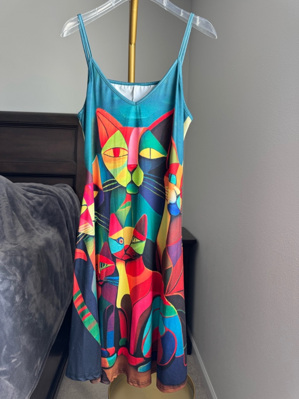 Picasso Style Spaghetti Strap Cat Print A-Line  Dress - Large